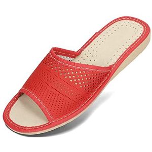 BeComfy Dames Sloffen Slippers Echt Leer Leder Vrouwen Pantoffels Zomer Stitching Blootgestelde Vingers Marineblauw Rood Beige Grijs Zwart 35-42 EU (37, Rood Opengewerkt, numeric_37)