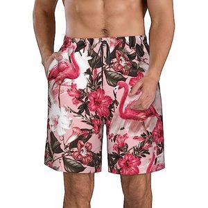 JIAWUJYNB Flamingo strandshorts voor heren, met bloemenprint, lichtgewicht, sneldrogend, met trekkoord en zakken, Wit, XL