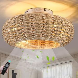 Stille Plafondventilatoren met verlichting E27 Retro Ventilator Plafondlamp met afstandsbediening en app Rotan Bamboe Plafondverlichting voor Slaapkamer Woonkamer Eetkamer Keuken Ventilatorla