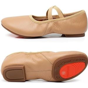 Ballet Schoenen Echt Lederen Jazz Schoenen Jazz Dans Schoenen Tan Zwart Antislip Zool Volwassenen Dans Sneakers Voor Meisjes Vrouwen Ballet Slippers, Tan rubberen zool, 36 EU