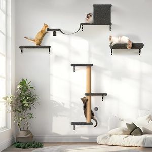 Fukumaru Klimwand, kattenset, 4-delige wandplanken, van sterke meerlaagse platen, wandpark met kattenhuis, kattenbrug, kattenboom, kattentrap tot 18 kg, grijs