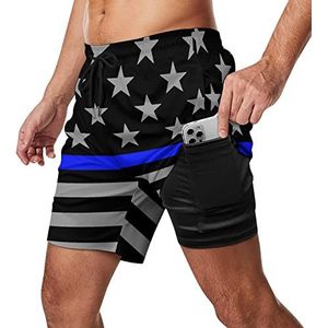 Dunne Blauwe Lijn USA Vlag Zwembroek voor heren, sneldrogend, 2-in-1 strandsportshorts met compressieliner en zak