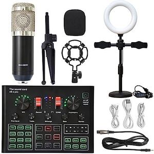 Geluidskaartset, Microfoon Ring Fill Light Statief Mic Kit Met Live Geluidskaart Draadloze Karaoke Professionele Studio Condensator Microfoon(Silver BM900 LED)