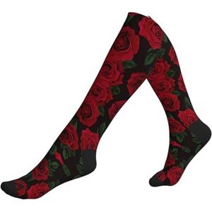 KoNsev Red Rose Compressie Sokken Voor Vrouwen Mannen Ondersteuning Sokken Knie Hoge Verpleegkundigen, Zwangerschap, Hardlopen, Vliegen, 2 Zwart-2, Eén Maat