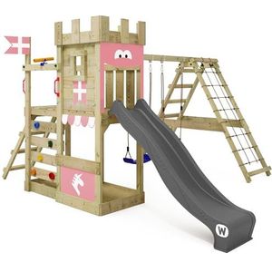 WICKEY Speeltoren Ridderkasteel DragonFlyer met schommel en glijbaan, speelhuis met zandbak, klimladder en speelaccessoires, pastelroze