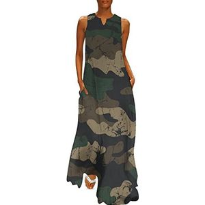 Camo Camouflage dames enkellengte jurk slim fit mouwloze maxi-jurk casual zonnejurk 2XL