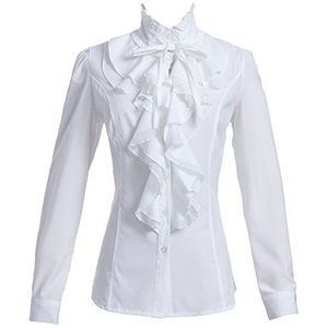 Taiduosheng Dames Shirts Kant Ruche Hals Opstaande Kraag Button Down Blouse Lange Mouw OL Shirt Tops, Wit, L