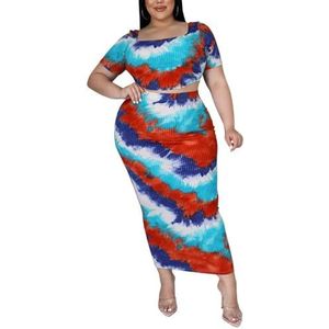 Dames Plus Size Vakantie 2-delige Outfits Mode Gestreepte Vierkante Hals Korte Mouw Crop Top En Bodycon Maxi Rokset (Color : Red, Size : 5XL)