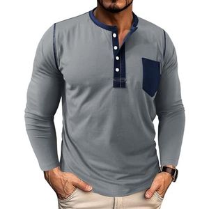 Heren casual poloshirt met lange mouwen, katoenen T-shirt met knoopjes, mode herfst winter basic T-shirts, tops met knoopjes(Light gray,3XL)