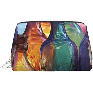 Kleurrijke Glazen Fles Make-up Tas Voor Vrouwen Cosmetische Tassen Lederen Reizen Make-up Case Organizer Waterdichte Make Up Pouch Open Platte Toilettas Draagbare Opbergtas voor Reizen, Zilver, Eén
