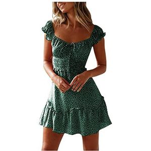 EMIWAY Dress Summer Dress Women Summer Pleated Sleeve Neckline Print Dress Ruffles Mini Dress Sundress Style-Mint,M