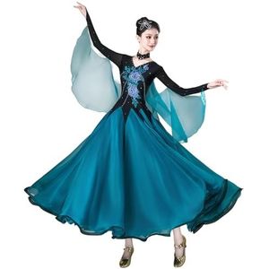 Tytyozay Standaard ballroomjurk voor dames, elegante walsdansjurk met lange mouwen chiffon fladdermouwen bloemendecoratie en brede swingrok voor trainingen en podiumoptredens,Groen,3XL