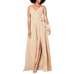HPPEE Damesjurk met spaghettibandjes, V-hals, chiffon, bruidsmeisjesjurk, mouwloos, formele avondjurk, Champagne, 32