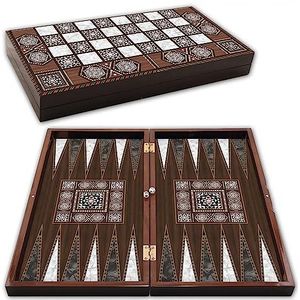 PrimoGames Deluxe Houten Backgammon Set Pearl XXL - 50x48 cm - inclusief schaakbord - bordspel in bruin - praktisch reisspel met koffer - bordspel