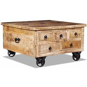 Festnight industriële salontafel houten woonkamertafel met ijzeren wielen - ruw mangohout, 70x70x40 cm