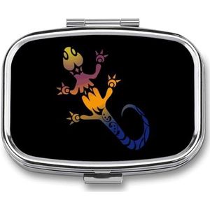 Tattoo Gecko kleine pillendoos, organizer, 2 compartimenten, medicijnetui met spiegel voor portemonnee, reizen