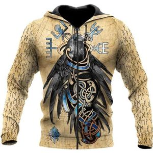 Novel Nordic Odin Crow Hoodie, Unisex Viking Vegvisir Rune Tattoo Outdoor Fashion Harajuku Zip Jacket, Lente en Herfst Pagan Pullover Sweatshirt met Lange Mouwen (Color : Zip Hoodie, Size : L)