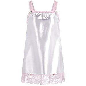 Satini Lingerie Satijn Sissy Babydoll Ruche Frilly Kant Slip Nachtkleding (Wit, M)