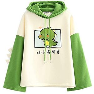Kawaii-meisje-liefde, Japans alfabet dinosaurus lange mouwen / capuchontrui / korte mouwen / jas / trui / trui / trui comfortabele warmte, Groen, one size