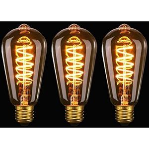 Vintage Edison-lamp E27 LED ST64, 4W spiraalvormige flexibele gebogen LED-gloeidraad E27 dimbaar, decoratieve antieke gloeilamp warm wit 2200K, voor cafés, huizen, bar en restaurants, verpakking van 3