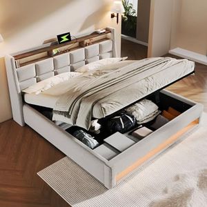 Aunvla Gestoffeerd bed met USB 160x200cm, LED tweepersoonsbed met lattenbodem van metalen frame, bedframe van linnen materiaal jeugdbed (zonder matras)