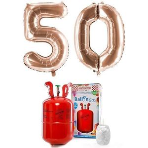 PARTY FACTORY Helium Set ""50"" met XXL nummer ballonnen, ballongas en ballonkoord - voor verjaardag, jubileum, verjaardag; goud, zilver, zwart, roze, roségoud, veelkleurig (roségoud)