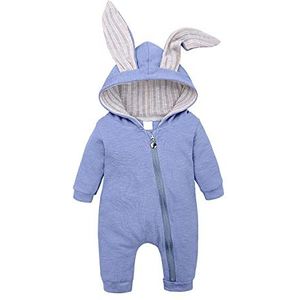 Pasgeboren Baby Unisex Bodysuit Leuke Bunny Oor Lange Mouwen Rits Romper Herfst Winter Pyjama Outfit Blauw 59 0-3 maanden