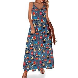 Bouwvoertuig kraan vrachtwagens graafmachine vrouwen zomer maxi jurk V-hals mouwloze spaghettiband lange jurk