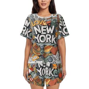 Cartoon Leuke New York Amerikaanse Thema Art Print Womens Zomer Zachte Tweedelige Bijpassende Outfits Korte Mouw Pyjama Lounge Pyjama Sets, Zwart, 3XL