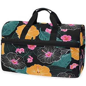 Rose Bloemen Geel Zwart Plant Sport Zwemmen Gym Tas met Schoenen Compartiment Weekender Duffel Reistassen Handtas voor Vrouwen Meisjes Mannen