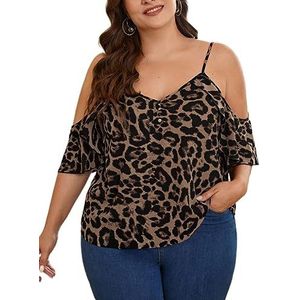 damestop in grote maten Plus blouse met open schouders en luipaardprint (Color : Brown, Size : 0XL)