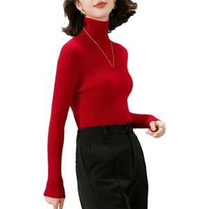 Dames wollen naadloze trui met minimalistische stijl gestreepte jacquard hoge hals bodem trui, Rood, XXL