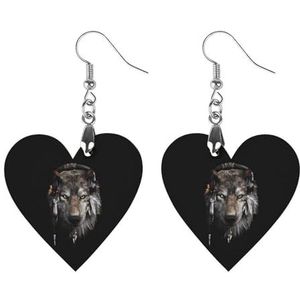 Native American Wolf Leuke Hartvormige Hanger Oorbellen Voor Vrouwen Lichtgewicht Houten Oorbellen Mode-sieraden Geschenken