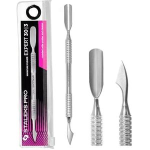 STALEKS PRO dubbele nagelriemduwer, brede afgeronde schuiver + reiniger, manicure en pedicure, roestvrij staal, Expert 30/3