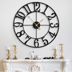 HAITANG Grote wandklok, modern, zwart metaal, rond, 80 cm diameter, geruisloos, werkt op batterijen, vintage stijl, Arabische cijfers, klokken voor woonkamer, slaapkamer, keukendecoratie, 79 cm