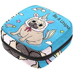 Maandverband Opbergtas, Vrouwelijke Product Pouches Draagbare Periode Kit Tas voor Meisjes Vrouwen Dames Grappige Pug Hond Wees een Eenhoorn, Meerkleurig, 4.7x6.6x6.6 in/12x17x17 cm