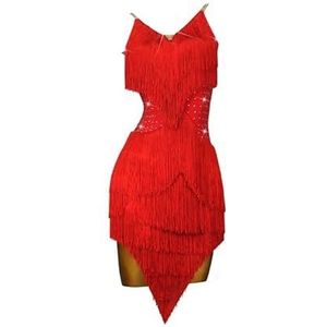 Yhwacyznm Gelaagde Latin Dansjurken met Franjes Wedstrijdkleding voor rumba en samba Tango Dansrok voor Dames met Strass Balzaal Performance Kleding,Rood,L