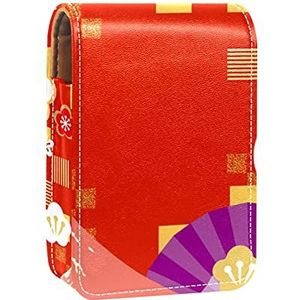 Make-up Lippenstift Case voor Buiten Rode Japanse Mount Fuji Kat Plaid Patroon Draagbare Lipstick Organizer met Spiegel Dames Mini Make-up Tas duurt tot 3 Lipstick