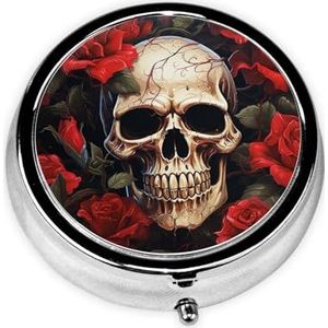 Pillendoosje Ronde Pillendoos met 3 Compartimenten Pillen Organiseren Schedel Rose-Rode Pillendoos Kleine Pillenorganizer Waterdichte Kleine Pillenetui voor Reizen Pillencontainers voor Medicatie