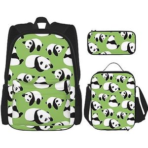 DOFFO Groene Achtergrond Panda Print Rugzak Set, Reizen Laptop Rugzak Voor Vrouwen Mannen Casual Boekentas Met Lunch Tas Potlood Pouch 3 Stks, Zwart, One Size, Dagrugzak Rugzakken, Zwart, Eén maat,