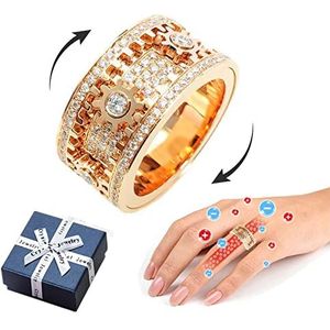 Handmade Diamond Ornate Geometric 3d Band Ring, Gear Spinner Rings Rotating Mechanical Decompression Anxiety Ring for Women Men Teens (7,Gold)