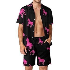 Roze eenhoorn paard Hawaiiaanse bijpassende set 2-delige outfits button down shirts en shorts voor strandvakantie