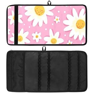 Potlood Wrap, Reizen Tekening Kleurpotlood Roll Organizer voor Artiest, Potloden Pouch Case Daisy Bloemen Patroon Roze Achtergrond