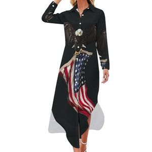 American Flag Eagle Maxi-jurk voor dames, lange mouwen, knoopjurk, casual feestjurk, lange jurk, 5XL