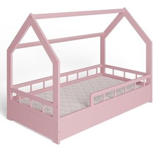 MS FACTORY Huisbed met Matras 80x160 cm - Kinderbed met valbeveiliging - Dennenhouten bed met lattenbodem - Halve Barrière Roze