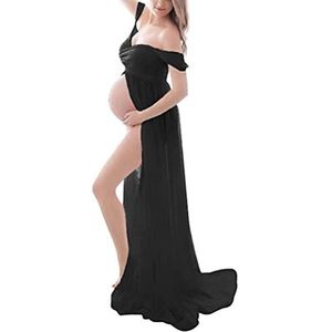 UN-BRAND Zwangerschapsjurk, fotoshoot, zwangerschapsjurk, elegante jurk voor dames, voor moederschap, fotografie, fotoshoot, rekwisieten, schoudervrij, feestelijk, maxi chiffonjurk, zwart, XL