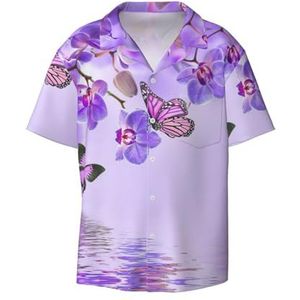 OdDdot Paarse vlinderprint herenoverhemden atletisch slim fit korte mouw casual zakelijk overhemd met knopen, Zwart, XL