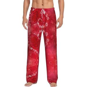 Bloemen Decoratie Hart Mannen Lange Lounge Wear Broek Nachtkleding Pyjama Bodems Nachtkleding Met Zakken En Trekkoord, Wit, S