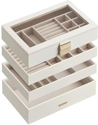 SONGMICS - JBC164W01 - Sieradendoos - Wit - 4 Niveaus - Glazen Deksel - 17 x 28 x 18,3 cm