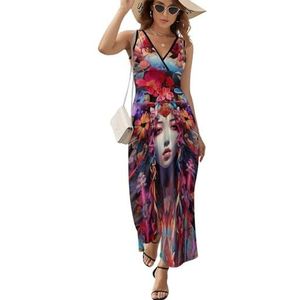 Psychedelische Japanse Geisha Patroon Casual Maxi Jurk Voor Vrouwen V-hals Zomer Jurk Mouwloze Strandjurk S